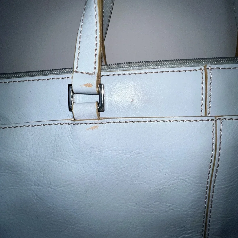 Etienne Light Blue Leather Shoulder Bag Zip Closure Dividers Pockets
